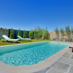 idea de decoración de jardin y terraza de piedra con piscina rectangular