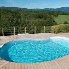 piscina a forma di fagiolo con scale in entrata e area a bordo vasca di legno