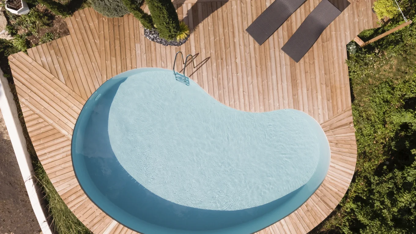 grande piscine haricot terrasse bois