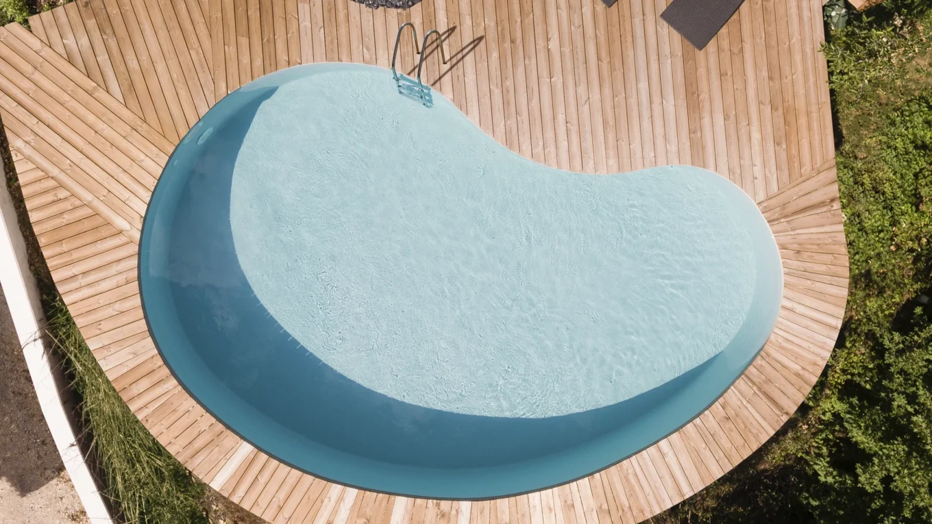 grande piscine haricot terrasse bois