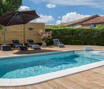 Piscine de forme libre Luna avec margelles et plage en bois