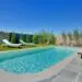 idea de decoración de jardin y terraza de piedra con piscina rectangular